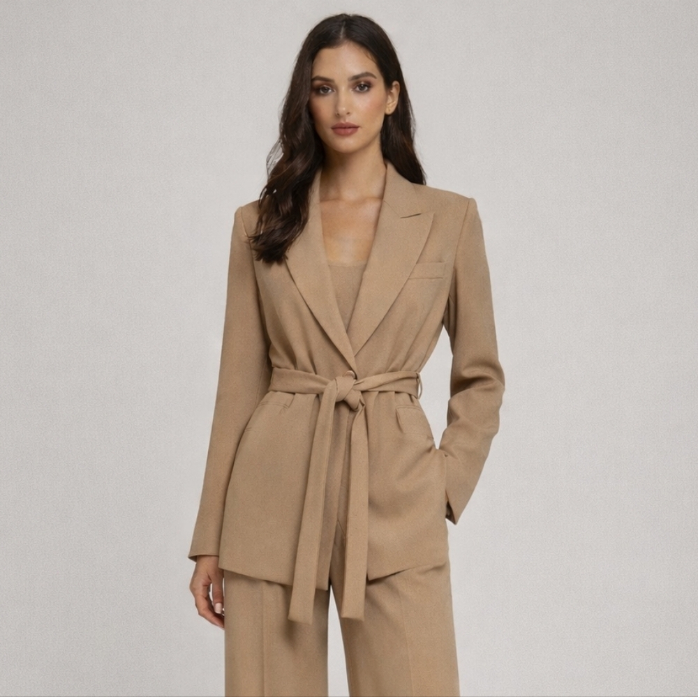 Max Mara Talento Tan Wool Belted Blazer Size 8 - Picture 9 of 10